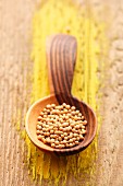 Mustard seeds on a wooden spoon