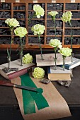 Green carnations in test tubes stuck in old books