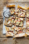 Filo pastry tart with apples, pears and icing sugar