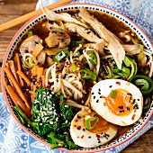 Ramen noodle soup with chicken and boiled eggs (Asia)