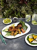 Satay skewers, soya beans, soy sauce and lime water for a picnic