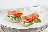 Ciabatta sandwiches with tuna fish, quark, rocket, tomatoes and egg