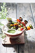 Vegetable kebabs with mint sauce