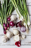 Red and white onions on a white wooden table