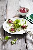 Courgette fritters with a beetroot dip