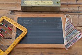 School slate, hand-made wiping cloth, vintage pencil box and colourful abacus