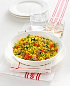 Risotto with saffron, meat and vegetables