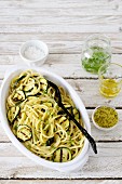 Spaghetti with grilled courgettes and pistachio pesto