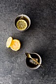 A cup of black tea with lemon