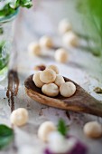 Macadamia nuts on a wooden spoon