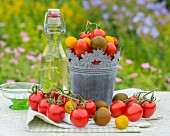 Heirloom tomatoes on a garden table