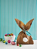 A homemade, rabbit shaped gift bag for Easter sweets