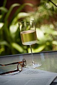 Glas Wein und Zeitung auf einem Gartentisch