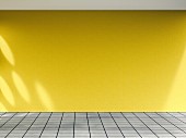 3D rendering of empty room with yellow wall and tiled floor
