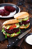 Beetroot burgers with cucumber and bean sprouts