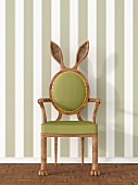 Vintage armchair with rabbit ears against striped wallpaper, 3D rendering