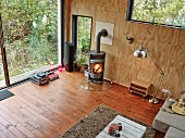 Empty living room with log burner