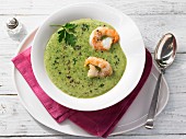 Parsley and parsnip soup with prawns