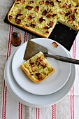 Onion cake with bacon, sliced