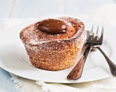 A doughnut muffin with chocolate cream