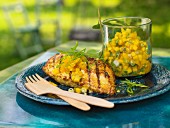 Indian tandoori, grilled chicken with a mango and mint chutney