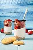 Summer layered deserts with shortbread, ricotta and strawberries