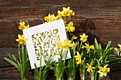 Spring greeting card with cut-out floral patter