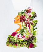 A portrait of a woman made from lettuce, vegetables and fruit on a white surface