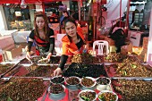 Imbiss-Stand mit frittierten Insekten auf einem Markt in Vientiane, Laos