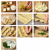Baked vegetable sticks with herb yoghurt being made