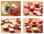 Radish sandwiches with cream cheese, cucumber and crackers being made
