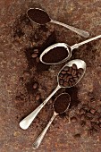 Ground coffee and whole coffee beans on spoons