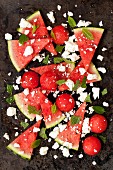Watermelon salad with feta cheese and fresh mint (seen from above)