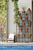 Clay pots with green plants suspended in a metal frame next to a vintage wooden chair against a gray house wall