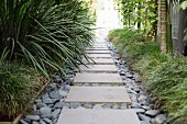 Garden path with stone slabs and pebbles between green plants