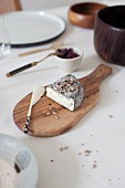 Goats' cheese and cheese knife on wooden board