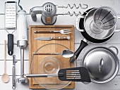 Kitchen utensils for preparing burgers and potatoes
