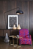 Living room with dark wood panelling on walls