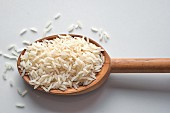 Basmati rice on an olive wood spoon