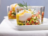 Soft-boiled eggs on a colourful vegetable salad