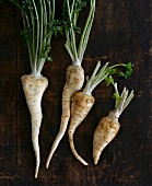 Four parsley roots on a wooden surface