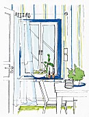 An illustration of a window design with a blue frame, striped wallpaper and a floating curtain in a dining area