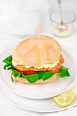 A breaded escalope in a roll with tomato and mayonnaise