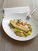 A duo of trout with sliced broad beans and new potatoes