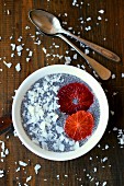 Chia pudding with coconut flakes and blood orange