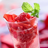 Gin-Cocktail mit Himbeeren, Rosenblütenblättern und Minze