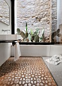 Traditional tiled floor and cacti against stone wall in bathroom