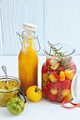 Tomato ketchup, sweet and sour pickled cherry tomatoes and tomato relish