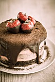 A mini chocolate cake with strawberries