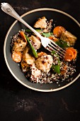 Tempeh with carrots, quinoa, sugar snaps and orange zest